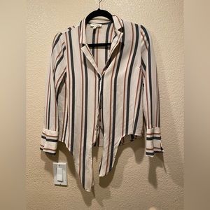 Monteau Women's Casual Front Tie button up Long Sleeve Striped Blouse, Small